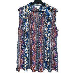 SPENSE Woman Boho Floral Print Sleeveless Button Up Top‎ Blouse Size 1X